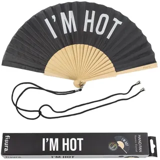 FISURA – Origineller Handfächer mit der Botschaft I'm hot. Moderner und witziger Holzfächer. Schwarzer Fächer. Fächer mit Fächerhalter. Maße: 42,5 x 23 cm.