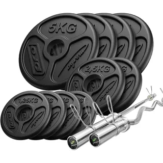 Marbo Sport Set 55kg olympische Langhantelstange 180 cm + SZ-Curlstange 120 cm + Hantelscheiben schwarz