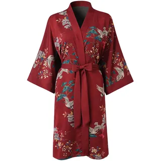 Ledamon Damen Kimono Kurz Robe für Frauen - Pocket Floral Bademantel Nachthemd (Weinrot)
