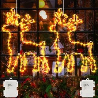 echosari 2 Stück Rentier LED Fensterdeko Weihnachten Batterie, 120 LEDs Hängende weihnachtsmann lichterkette mit Timer Metall Rentier Vorhang lichterkette Innen und Außenbereich Warmweiß