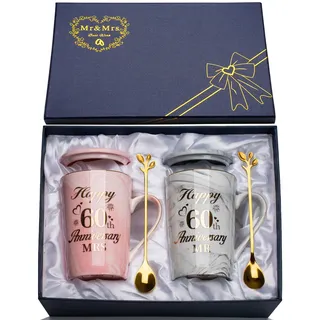 Diamantene Hochzeit Geschenk, Geschenke zum 60 Hochzeitstag, 2PCS Mr Mrs Keramik Marmor Tasse Set 14 Oz, Diamantene Hochzeit Deko Kaffeetassen für Paare, mit Karte, Löffel, Becherdeckel, Geschenkbox