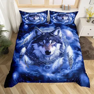 Homewish Wolf Wildtiere Bettwäsche Federn Traumfänger Bettbezug Set 135x200 für Jungen Mädchen Jugendliche,Sternenhimmel Polarlicht Planet Modern Ästhetisch Bettwäscheset Tierliebhaber Zimmerdekor