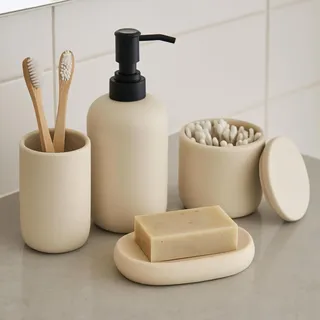 Ava Nord Moderne Badezimmer Accessoires aus Keramik | 4er Set | Creme | Seifenspender + Zahnbürstenhalter + Seifenschale + Becher, ästhetisches skandinavisches Design, Wohnaccessoire, kratzfest