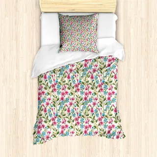 ABAKUHAUS Blume Mantele, Shabby Pflanzenblätter Knospen, Milbensicher Allergiker geeignet mit Kissenbezügen, 135 cm x 200 cm - 80 x 80 cm, Rosa und Blau - Rosa