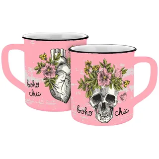 Tasse Skull bohochic Emaille-Optik 400ml | Totenkopf | Halloween | Blumen | chic | Keramik | Kaffee | Tee | Kakao | Kaffeebecher | rosa