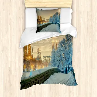 ABAKUHAUS Winter Mantele, New York Central Park, Milbensicher Allergiker geeignet mit Kissenbezügen, 135 cm x 200 cm - 80 x 80 cm, Orange Weiß Olivgrün - Orange