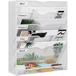 JEBELE 6 Fächer Zeitschriftenhalter Wand wandregal für ordner Hängend Dateiordner Organizer Wandablagefächer mit flachem Bodenfach Datei Etiketten Metall,Weiß