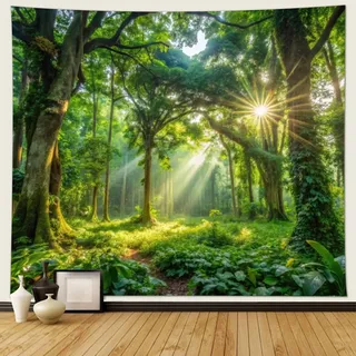 Musihy Wald Wandteppich, 240x220cm Naturbelassene WaldlandschaftWandbehang Dekoration für Wohnzimmer Schlafzimmer & Schlafsaal, Grün