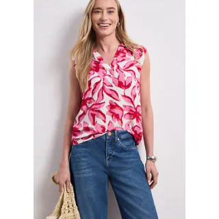 Shirttop STREET ONE, Damen, Gr. 38, sanftes weiß, Jersey, Obermaterial: 95% Viskose, 5% Elasthan, geblümt, normal hüftbedeckend, V-Ausschnitt, Tops Shirttop, Sommertop mit Kragen und floralem Allover-Print