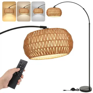 183cm Stehlampe Wohnzimmer Mit Rattan Lampenschirm, Boho Led Stehleuchte Dimmbar Vintage Bogenlampe Industrial Hohe Lampe Schlafzimmer Büro, Schwarz - Schwarz
