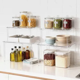 4 Stück küchenschrank Organizer, Montierter Acryl Gewürzregal, Stapelbare Gewürz Organizer, Kleine Kücheneckregal, Mini Regal für Arbeitsplatte Küche, Speisekammer, Schminktisch