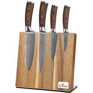Wakoli EDIB 4-teiliges Damastmesser Set mit magnetischem Messerblock aus Akazienholz – Scharfe Küchenmesser mit 67 Lagen VG10 Stahl – Kochmesser für Hobbyköche & Profis – Geschenkbox enthalten