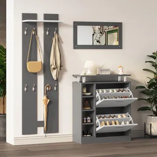 Merax Wandgarderoben-Set mit Spiegel und Schuhschrank, Flurgarderobe Garderobenpaneel mit verstellbaren Einlegeböden, Schuhwechsler Set, Anthrazitgrau - Grau