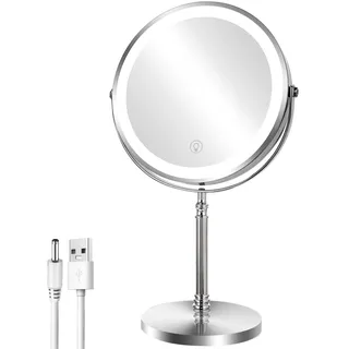 AusDaur 8” Schminkspiegel mit Beleuchtung 1X/10X Vergrößerungsspiegel mit Licht Doppelseitiger um 360 Drehbarer Tisch Spiegel Wiederaufladbarer Touchscreen mit 3 Farblichtern Spiegel mit Ständer