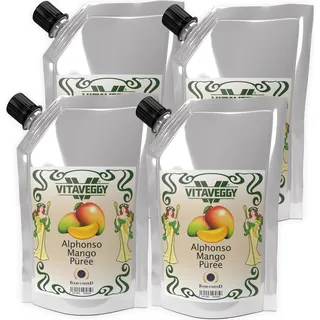 VITAVEGGY INDISCHE-MANGO-FRUCHT Früchte-Püree 4x 1kg ohne Aroma- Farb- & Konservierungsmittel von Food-United geeignet für Babybrei-Obstbrei Maracuja-Mango-Saft-Smoothie-Sorbet-Schorle-Cocktail-Quark GVO-Frei Glutenfrei & 100% natürlich