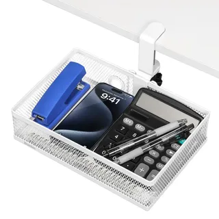 Schreibtisch-Organizer mit Getränkehalter, 360° drehbar, versteckte Schublade unter dem, zum Aufklemmen, große Kapazität unter dem Schreibtisch, für Zuhause und Büro (White style 2)