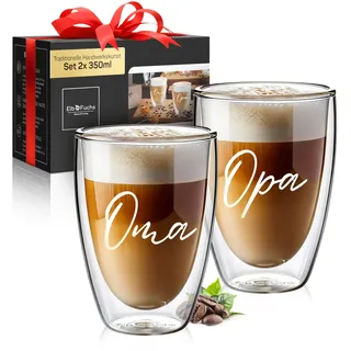 ElbFuchs® Doppelwandige Latte Macchiato Gläser | OMA + OPA | 2x 350ml [GESCHENKIDEE] Kaffeegläser doppelwandig ideal als Schwangerschaftsverkündung für Oma und Opa und werdende Großeltern