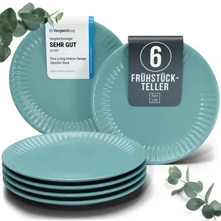 Steingut Frühstücksteller 6 Personen Hygge TESTSIEGER, Traumhaftes Skandinavisches Steingut Dessertteller Set, Kleine Teller, Salatteller - Pure Living in Petrol