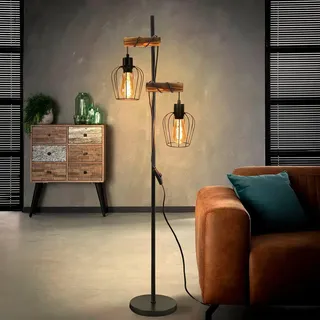 ZMH Stehlampe Wohnzimmer Holz Stehleuchte Schwarz - Vintage Wohnzimmerlampe stehend im Industrial Design Metall Standleuchte 2 flammig E27 Fassung 151cm Standlampe für Schlafzimmer (ohne Leuchtmittel)