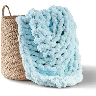adyrescia Grobstrickdecke, Überwurf, 100% handgestrickt mit Jumbo-Chenille-Garn, 127 x 152,4 cm, Hellblau