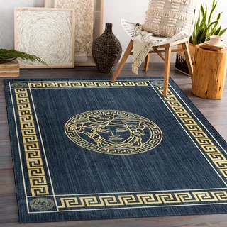 rugsx Andre Waschteppich für Kinderzimmer, Wohnzimmer, Schlafzimmer, Rahmen, Meduse griechisch, Anti-Rutsch - Blau/Gold 160x220 cm