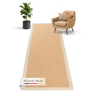 carpetfine Sisalteppich Läufer Naturfarbe 70x200 cm handgewebt mit Bordüre aus Baumwolle in Creme | Rutschfester Flachgewebe Teppichläufer Uni aus Naturfasern für Wohnzimmer, Schlafzimmer