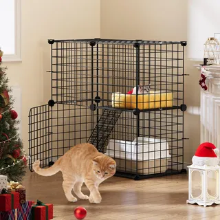 YITAHOME Katzenkäfig, 2-stöckig Kätzchenkäfig, DIY-Katzengehege mit Türen, Leitern, Kleintier-Laufstall zum Selbermachen, abnehmbares Metall, Katzenhütte für kleine Tiere, 71x36x71cm