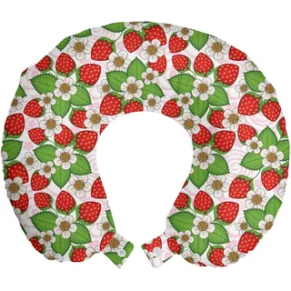 ABAKUHAUS Frühling Reisekissen Nackenstütze, Floral Strawberry Szene, Schaumstoff Reiseartikel für Flugzeug und Auto, 30x30 cm, Grün Rot - Grün