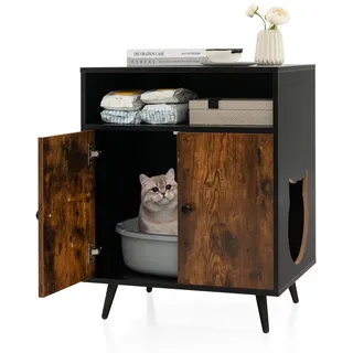 Costway Katzenschrank Katzentoilette, Katzenhaus mit Doppeltüren & Eingang Katzenhöhle Katzenmöbel Beistelltisch, für Hunde Haustier, Braun+Schwarz