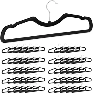 Relaxdays Kleiderbügel Samt, 50er Set, rutschfest, platzsparend, B: 42,5 cm, Hosensteg, Einkerbungen, Samtbügel, schwarz