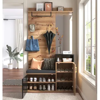 Flieks Flurgarderobe set Garderoben-Set mit Spiegel, Wandgarderobe mit Haken, Schuhbank mit Sitzfläche, Flurgarderoben Set, 104x38.5x190cm, Schwarz - Schwarz