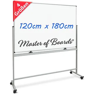 Master of Boards Magnettafel Whiteboard mit Ständer 120 x 180cm mobiles White Board auf Rollen doppelseitige Stativdrehtafel magnetisch, beschreibbar, rollbar, leicht abwischbar mit Stifteablage