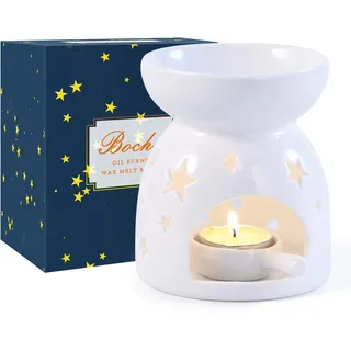 Bochee Keramik Duftlampe Aromalampe mit Geschenkbox, Teelichthalter Kerzenhalter Set Sternchenmuster Aroma Diffuser