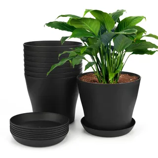 KINGLAKE 8 Stück 17cm Blumentöpfe Pflanztöpfe Klein, übertopf Pflanztopf Anzucht Plastik mit Untersetzer, Blumentopf kunststoff Set, Topf Kleine Flower Pot für Pflanzen Kakteen Sukkulenten-Schwarz