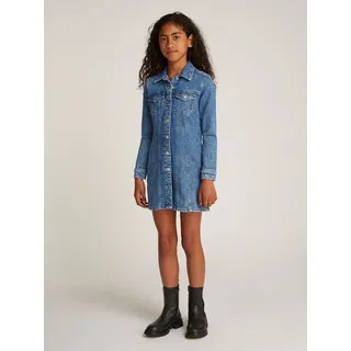 Jeanskleid TOMMY HILFIGER "DENIM DRESS LS", Mädchen, Gr. 16 (176), N-Gr, blau (saltandpepper), Denim/Jeans, Obermaterial: 99% Baumwolle, 1% Elasthan, unifarben, normal, 1-Knopf-Manschette, Kleider Jeanskleid, mit Brusttaschen, in blauer Waschung