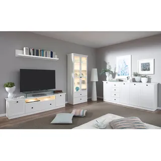 Wohnwand Landhausstil weiß BERGAMA-19 mit LED Unterbaubeleuchtung und Sideboard, B/H/T: ca. 273/196/41 cm - Weiß