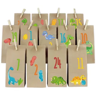 Adventskalender Set Dinos Bogen mit Papiertüten und Holzklammern Y067