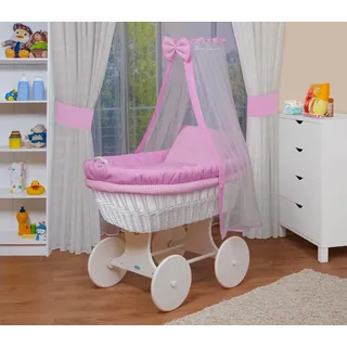 WALDIN Baby Stubenwagen-Set mit Ausstattung, XXL, Bollerwagen, komplett,rosa kariert,Gestell/Räder weiß lackiert - Rosa