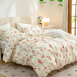 Freyamy Blumen Bettwäsche 135x200cm 2teilig Beige Rosa Blätter Pflanzen Floral Wendbar Bettwaren-Sets 100% Microfaser Blumenmuster Mädchen Bettbezug mit Reißverschluss und Kissenbezug 80x80cm