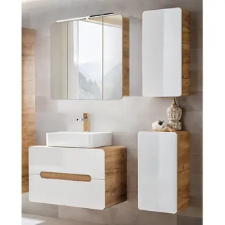Badezimmer Möbelset mit Keramik Waschtisch LUTON-56 in Hochglanz weiß mit Wotan Eiche Nb., B/H/T ca. 130/200/46 cm - Weiß