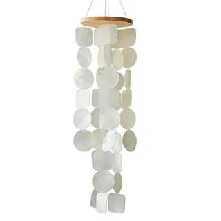 Muschel Windspiel aus echten Capiz Muscheln, Boho Deko Hängend für Balkon Garten Terrasse, 45 cm Windspiel mit Holz, Entspannender Klang, Sommer Strand Deko, Blau Grün Weiß