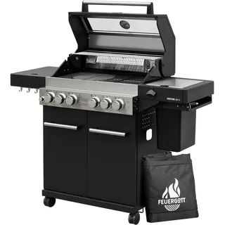 Feuergott Gasgrill Hektor 4B-S Edelstahl Gasgrillstation 4 Brenner, Infrarot Sear-Brenner, Gusseisen-Grillrost, Heckbrenner, Seitenkocher und Kochplatte Inkl. Abdeckhaube für Garten, Terrasse