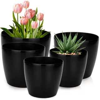 PECZEKO Blumentopf Glänzende, 5er-Set blumenkübel, 12/13/15/18/21 cm Pflanzkübel aus Übertopf Kunststoff Topf für, groß und klein Pflanzen, 5er-Set blumenkübel kräutertopf, Graphit