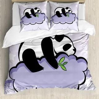 ABAKUHAUS Panda Bettbezug, Schlafen Panda auf Wolke, Milbensicher Allergiker geeignet mit Kissenbezügen, 200 cm x 200 cm - 80 x 80 cm, lila Schwarz - Schwarz