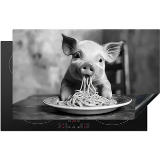 KitchenYeah© Herdabdeckplatte Einteilig Glaskeramikkochfeld Abdeckplatte für | 85x52 cm - Induktionsschutz Glaskeramikkochfeldabdeckung Vinyl Herdabdeckplatten Schwein - Spaghetti - Schwarz und Weiß - Tier