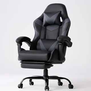 DUMOS Gaming Stuhl, Chair Gamer Sessel - Ergonomischer Gamer Stuhl mit Fußstütze Kopfstütze und Lordosenstütz Höhenverstellbar Gepolstert Gamingstuhl 150 Kg Tragkraft PC Sessel Drehsessel Schwarz-Grau