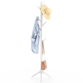 YheenLf Garderobenständer Holz, Kleiderständer Massivholz, Jackenständer für Kleidung, Hüte, Taschen, Eingang, Wohnzimmer, Schlafzimmer, 8 Haken, 3 Verstellbare Höhen, Weiß, 42x180cm
