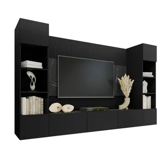 Mirjan24 Wohnwand Deromi I, / Schwarz , Holzwerkstoff - Marmor) Optik , 260x150x38 cm , Wohnzimmer, Wohnwände