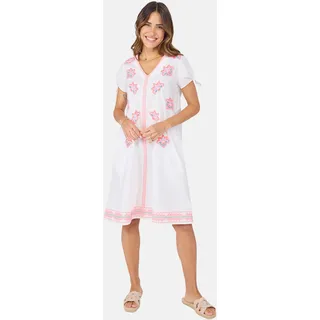 Sommerkleid LIEBLINGSSTÜCK, Damen, Gr. 34, N-Gr, weiß, Obermaterial: 100% Baumwolle, bedruckt, gemustert, mehrfarbig, figurumspielend knielang, V-Ausschnitt, Kleider Sommerkleid, mit Stickerei