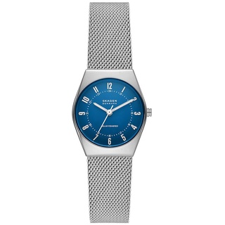 Skagen Grenen Uhr für Damen, Solarbetriebenes Uhrwerk mit Edelstahl- oder Lederarmband, Silberton und Blau, 26MM